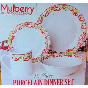 Mulberry Home Collection Dish Set Holly Berry Red Ribbon Christmas 16 Piece